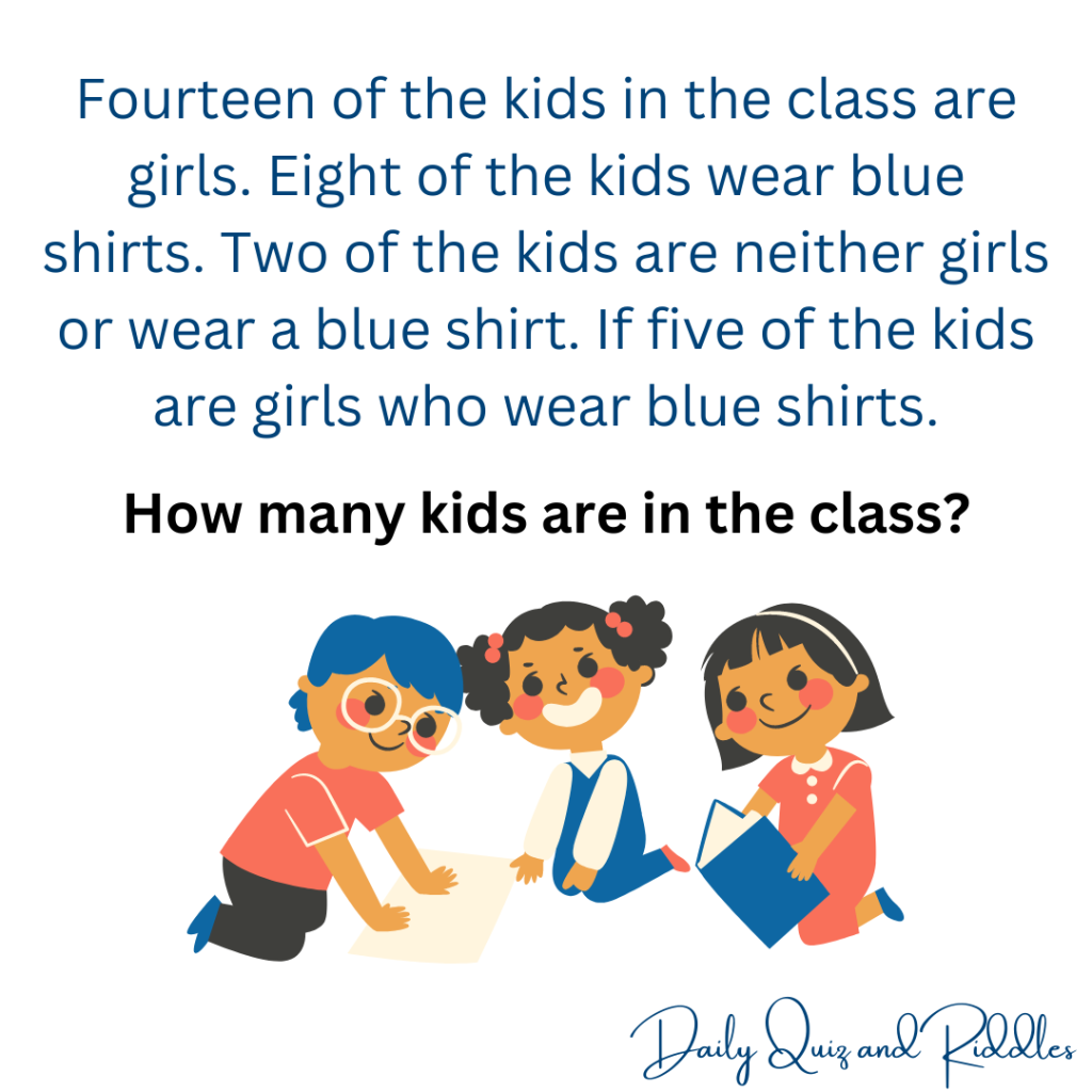 Fourteen of the kids in the class are girls. Eight of the kids wear blue shirts. Two of the kids are neither girls nor wear a blue shirt. If five of the kids are girls who wear blue shirts, how many kids are in the class?